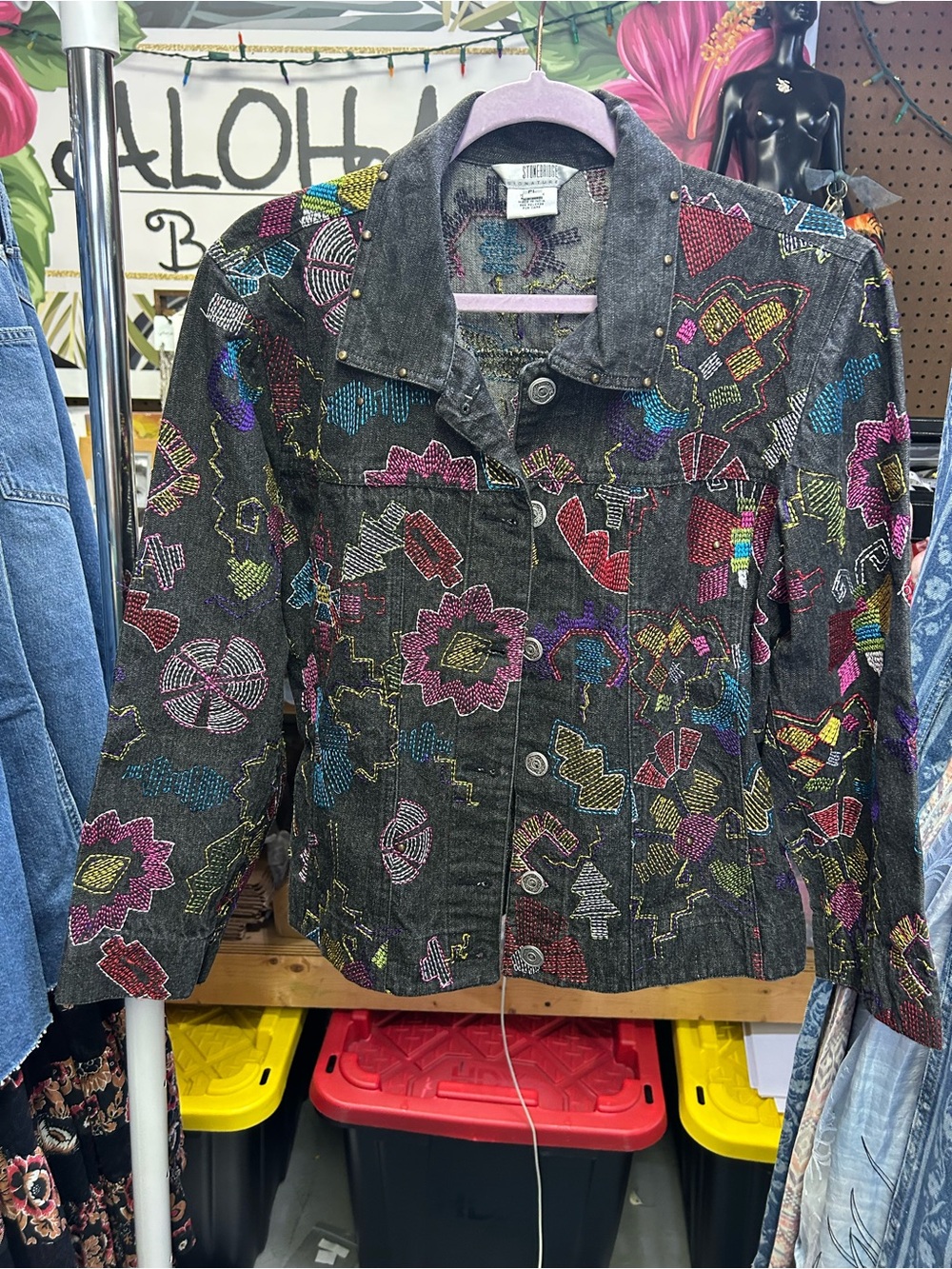 VTG Stonebridge Signature Black Embroidered Denim Jacket Studded Art To Wear PL